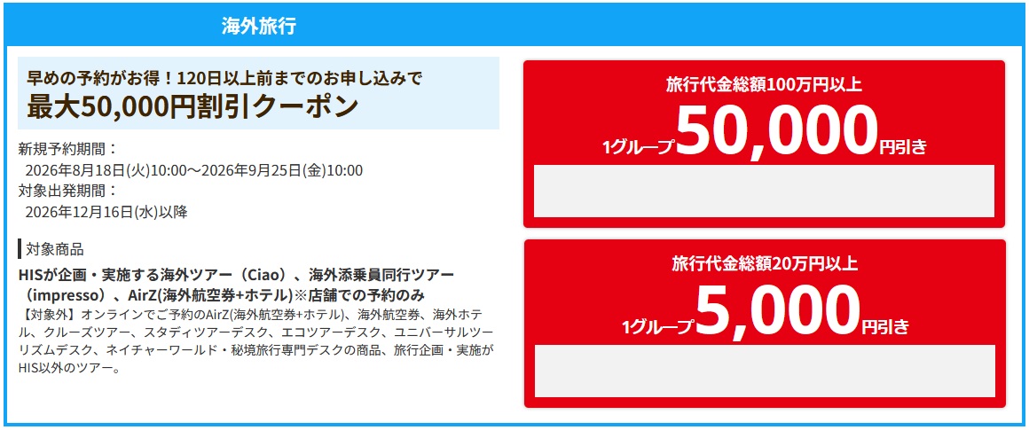 【2026年】HISから最大50,000円OFFクーポン登場！年末年始の海外ツアーに使える