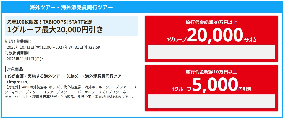【2026年秋】HISから海外ツアー最大20,000円OFFクーポンが配布開始